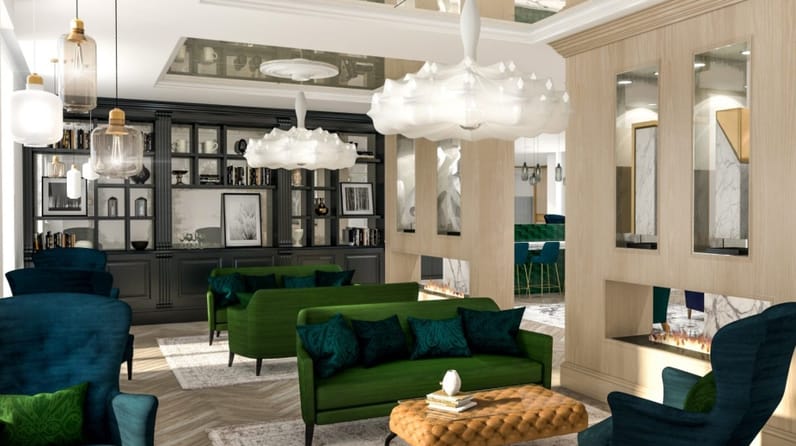 13 Hanover Square's breakout space with beautiful green sofas